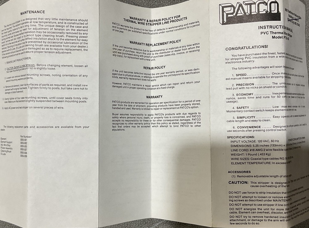 Patco Thermal Wire Stripper PTS-50 PVC Insulation
