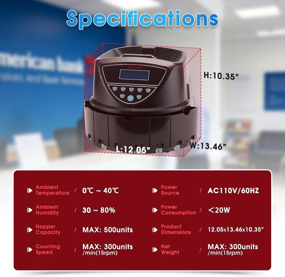 Coin Counter, USD Coin Sorter and Wrapper Machine Sort with Printing-Compatib...