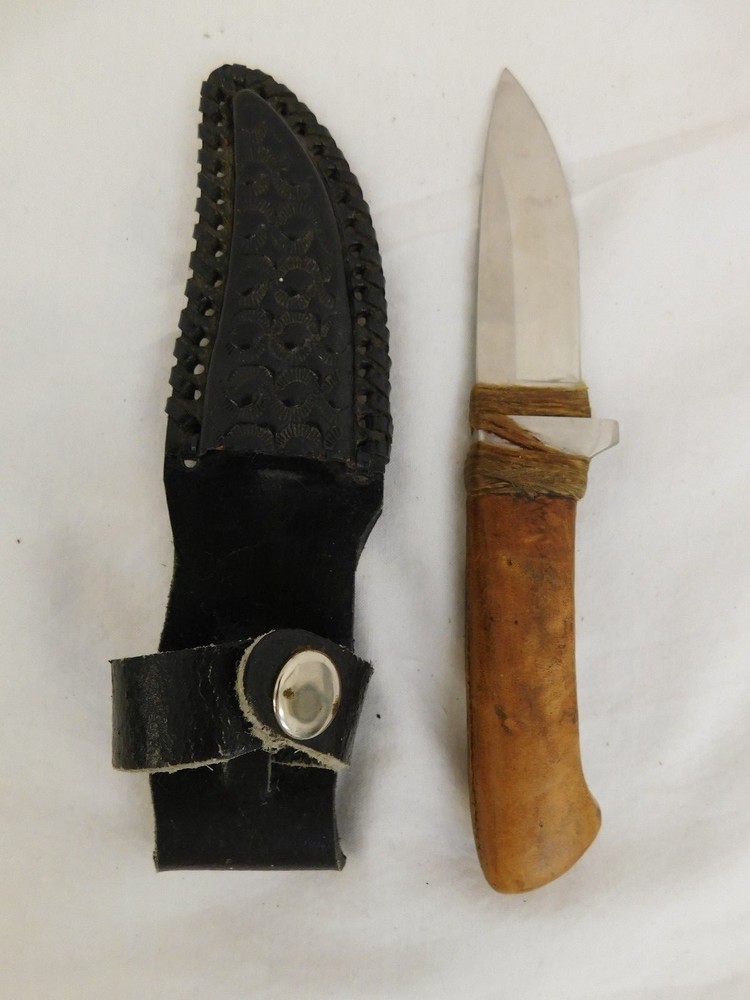 HANDMADE UNBRANDED DROP POINT FIXED KNIFE LEATHER HANDLE 8'' BLACK LACE SHEATH