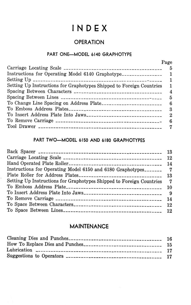 Instructions For Operating Class 6100 Graphotype Owners MANUAL