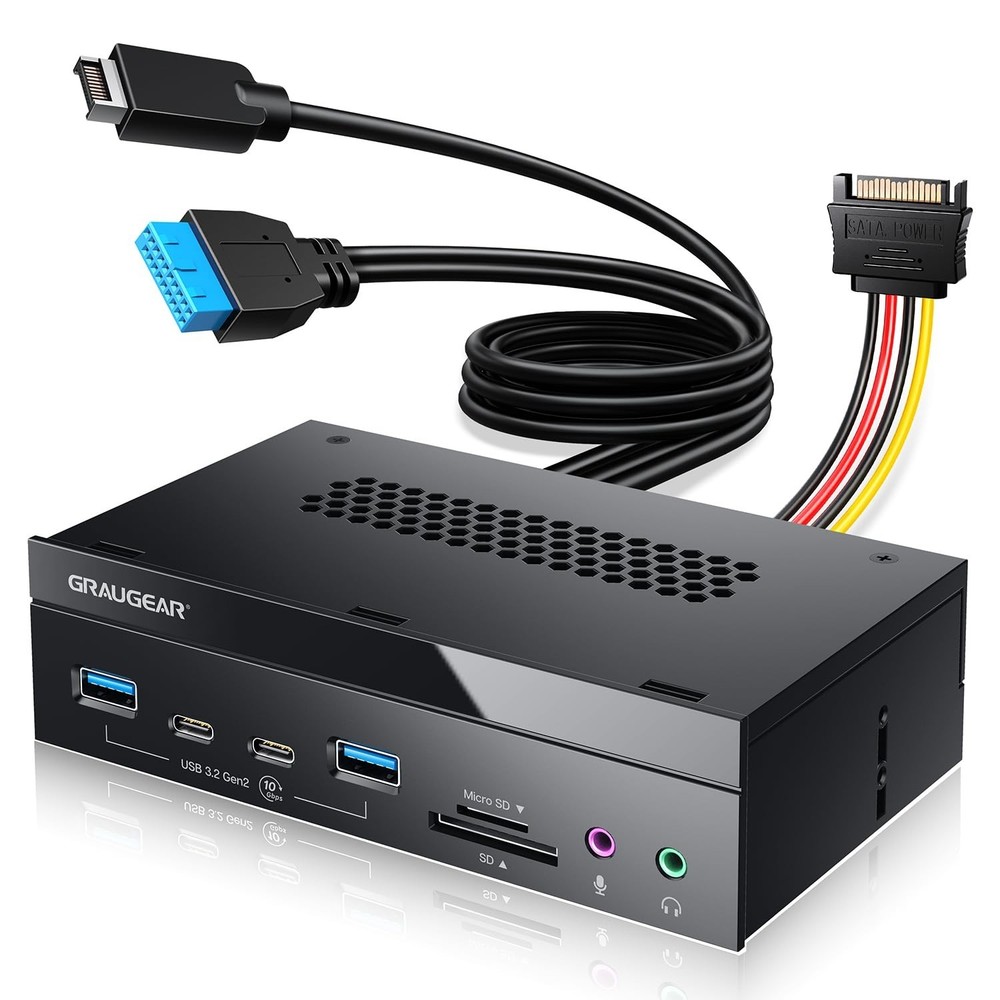 GRAUGEAR 5.25" PC Front Panel USB Hub - 10Gbps USB-C Ports, Dual USB 3.0, SD/...