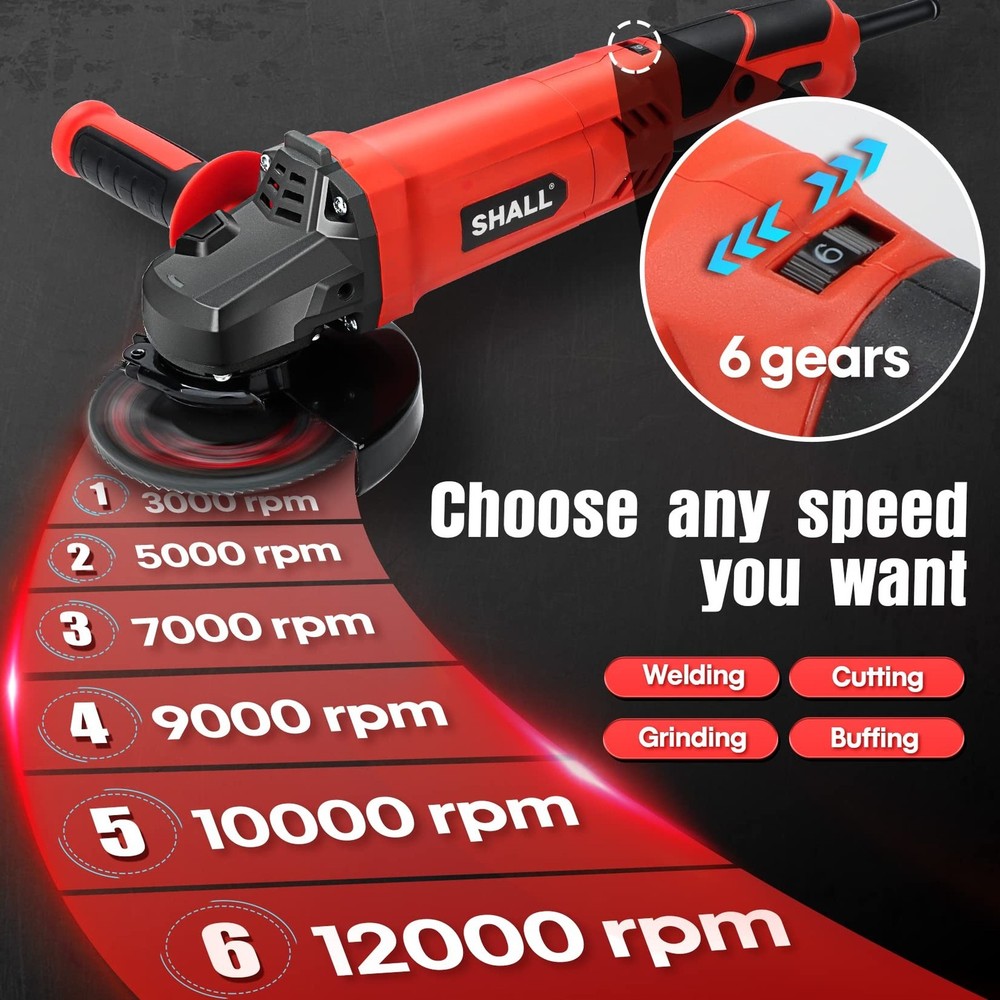 SHALL Angle Grinder Tool 7.5Amp 4-1/2 Inch, 6-Variable-Speed Grinders Power T...