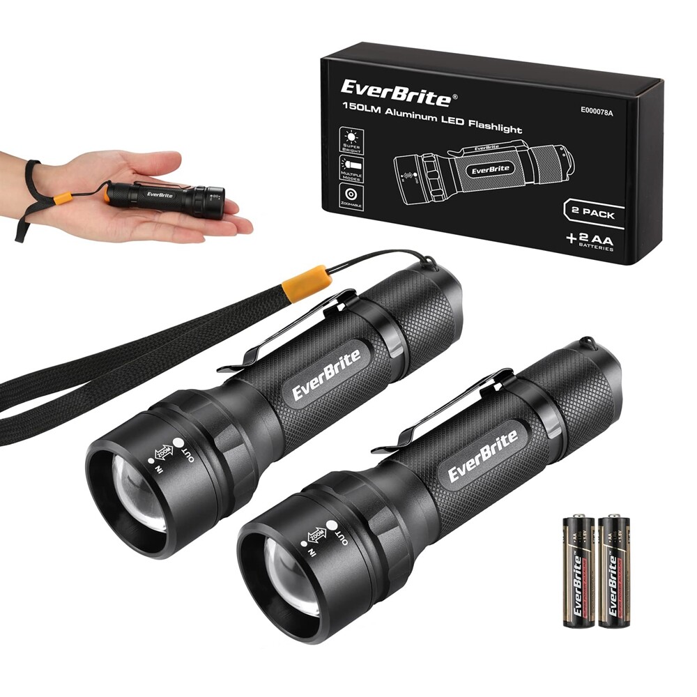 EverBrite 2PC 150Lumen Mini LED Flashlight Zoomable Adjustable Focus 3Light Mode