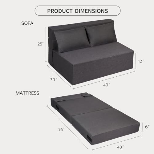 Folding Sofa Bed, Foldable Bed Sleeper Chair with Pillow, Standard Dark Grey