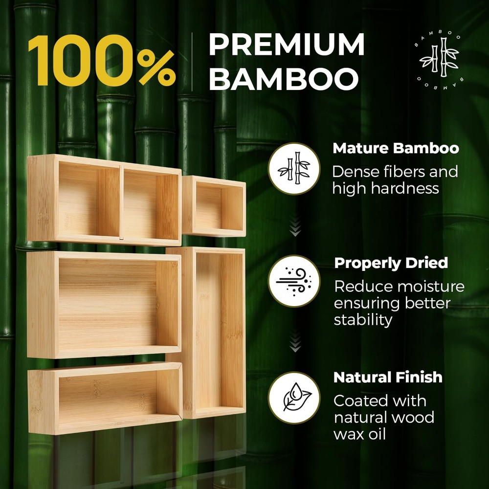 Bamboo Drawer Organizer, 5 Pcs Kitchen Drawer Organizer Set, Multi Purpose Ut...