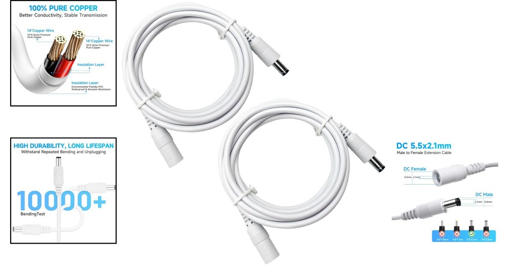 Durable 2 Pack 6ft Pure Copper DC Power Extension Cord 12V for Electronics