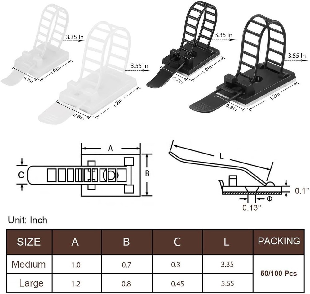 Neat Cable Organizer Set: 50Pcs Adjustable Clips with Durable Adhesive & Screws