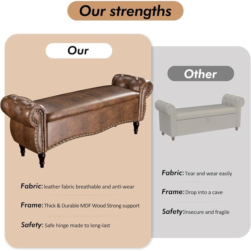 Upholstered Storage Bench Multi-Functional Ottoman Shoe Change Seat Wood Frame