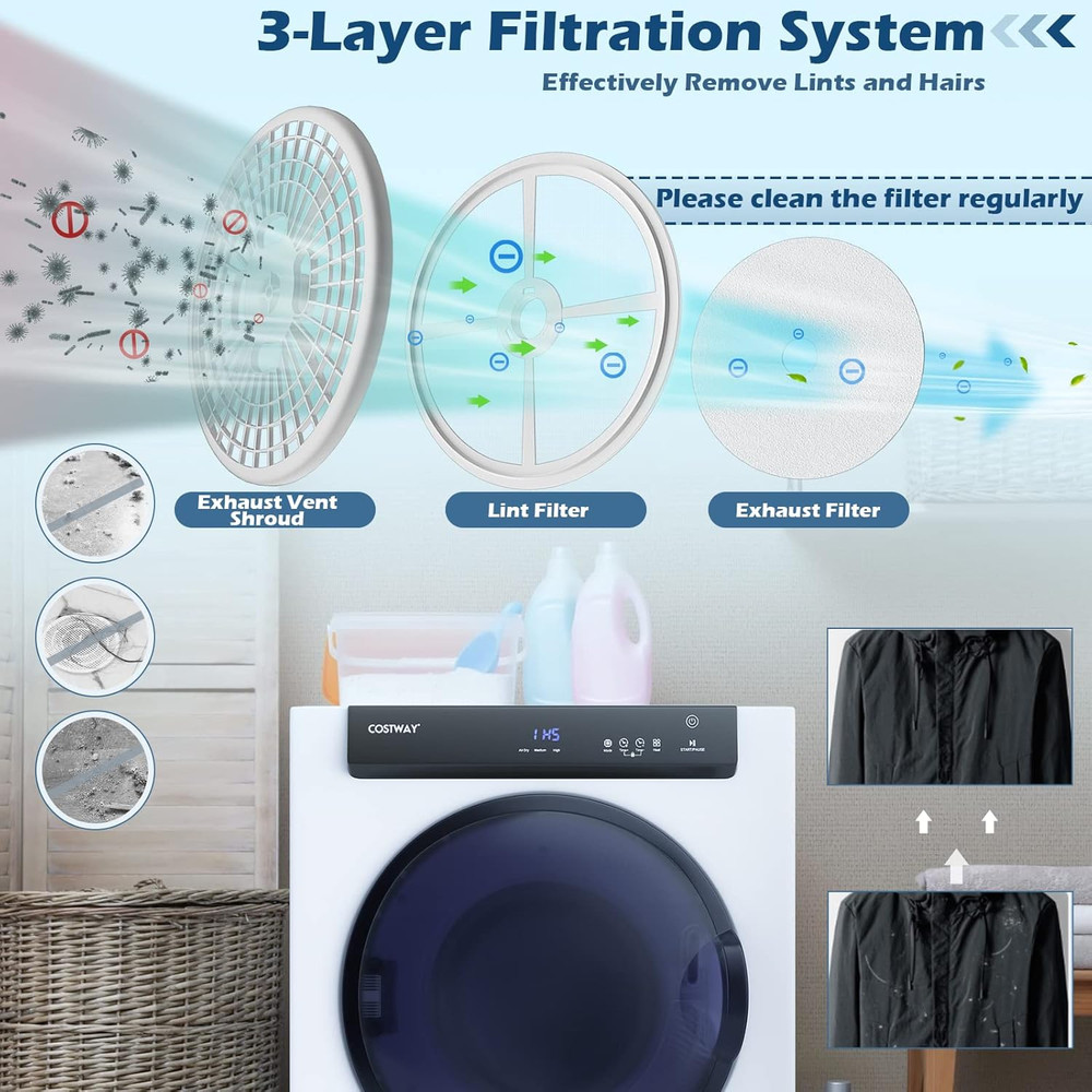 Compact Portable Dryer, with Touch Panel, 2 Modes, 3 Heating Powers and Adjustab