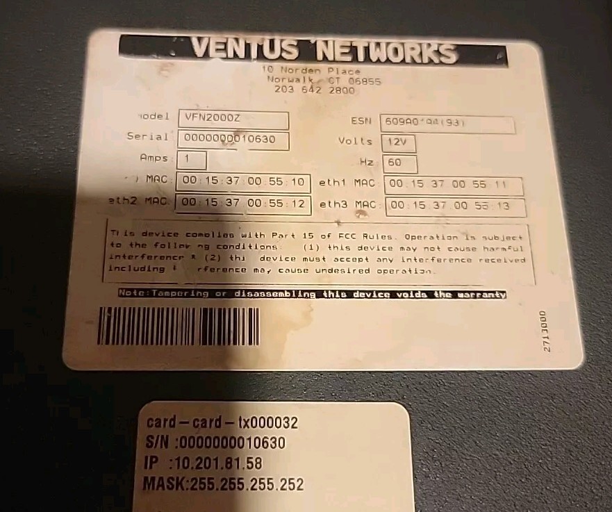 Ventus Networks Model No. VFN 2000Z
