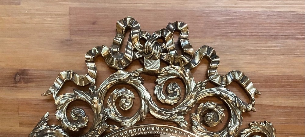 Ornate Victorian Solid Brass Oval Wall Mirror Bow & Laurel Rosettes 18” x 14.5”