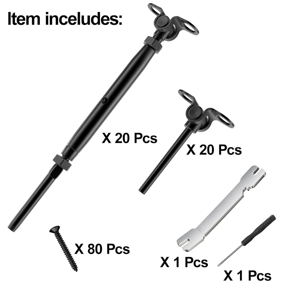 20 Pcs 1/8" Black Cable Railing Kit Swage Toggle Turnbuckle Hardware Adjustable