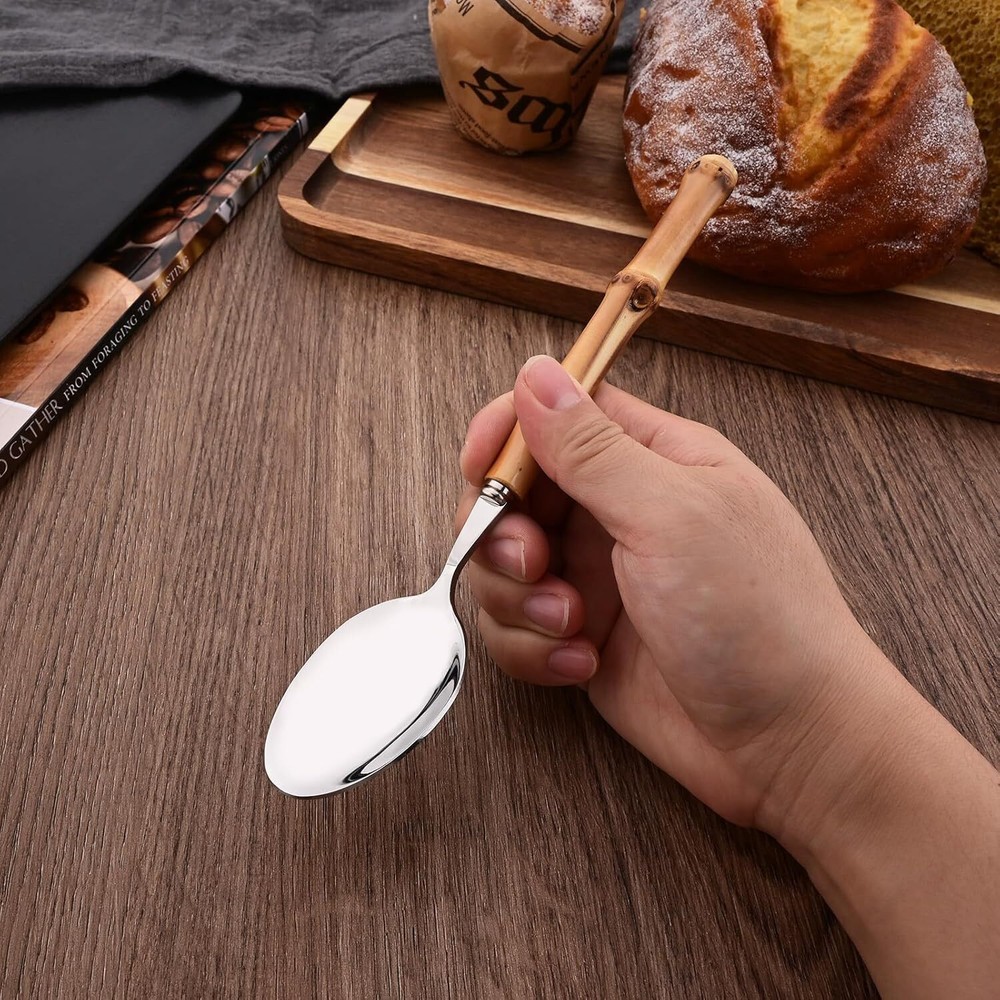 Bamboo Handle Silverware Set 30 Pcs Set for 6 Stainless Steel Flatware Set
