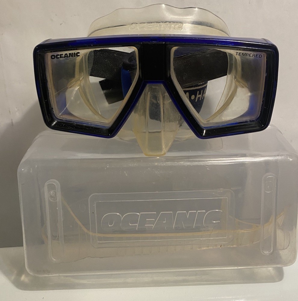 OCEANIC GOGGLES DIVE BLUE SCUBA TEMPERED GLASS With Case Extra Strap
