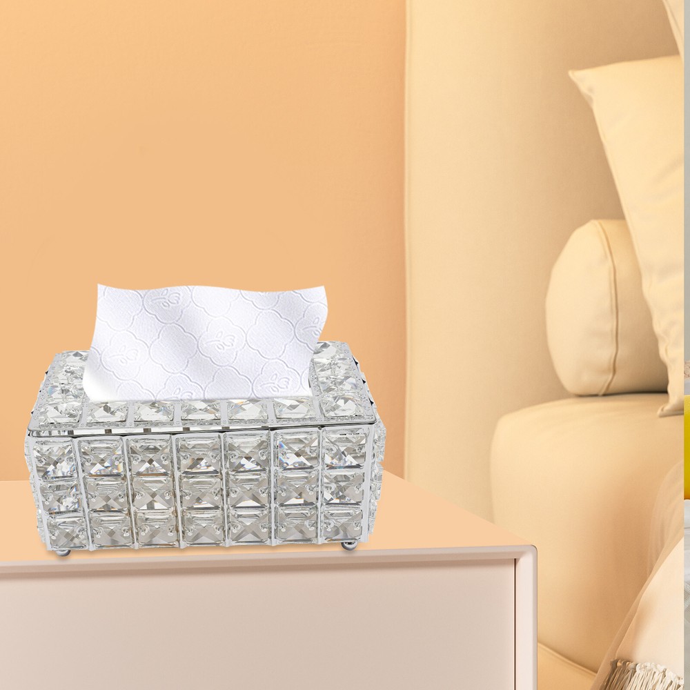 Crystal Rectangle Tissue Box Napkin Holder Rhinestone Tissue Storage Case W/ Lid