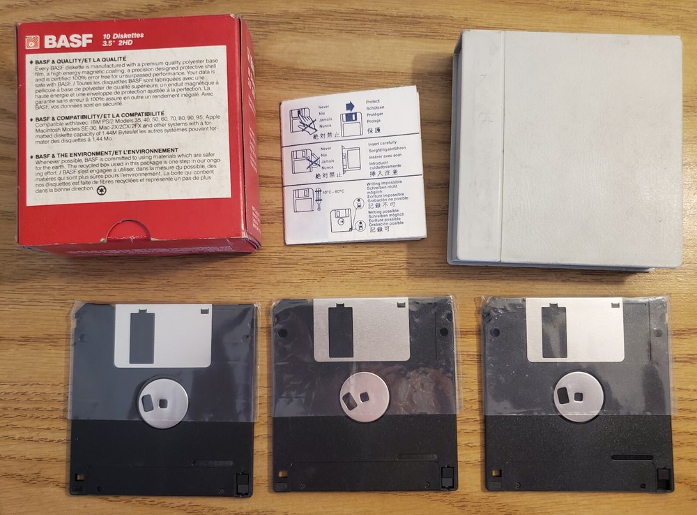 THREE (3) NEW BASF 3.5" 2HD DISKETTES WITH STORAGE BOX - FORMATTED MS-DOS -IBM
