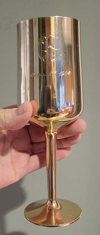 Solid Brass 7.5" Wine Goblet Monogrammed Dated August 25, 1984