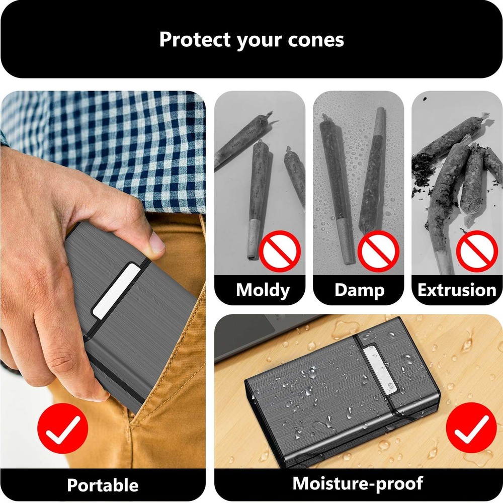 (2 Pack) King Size Pre-roll Cone Holder Case, 10-Hole Cigarette Gray + Silver