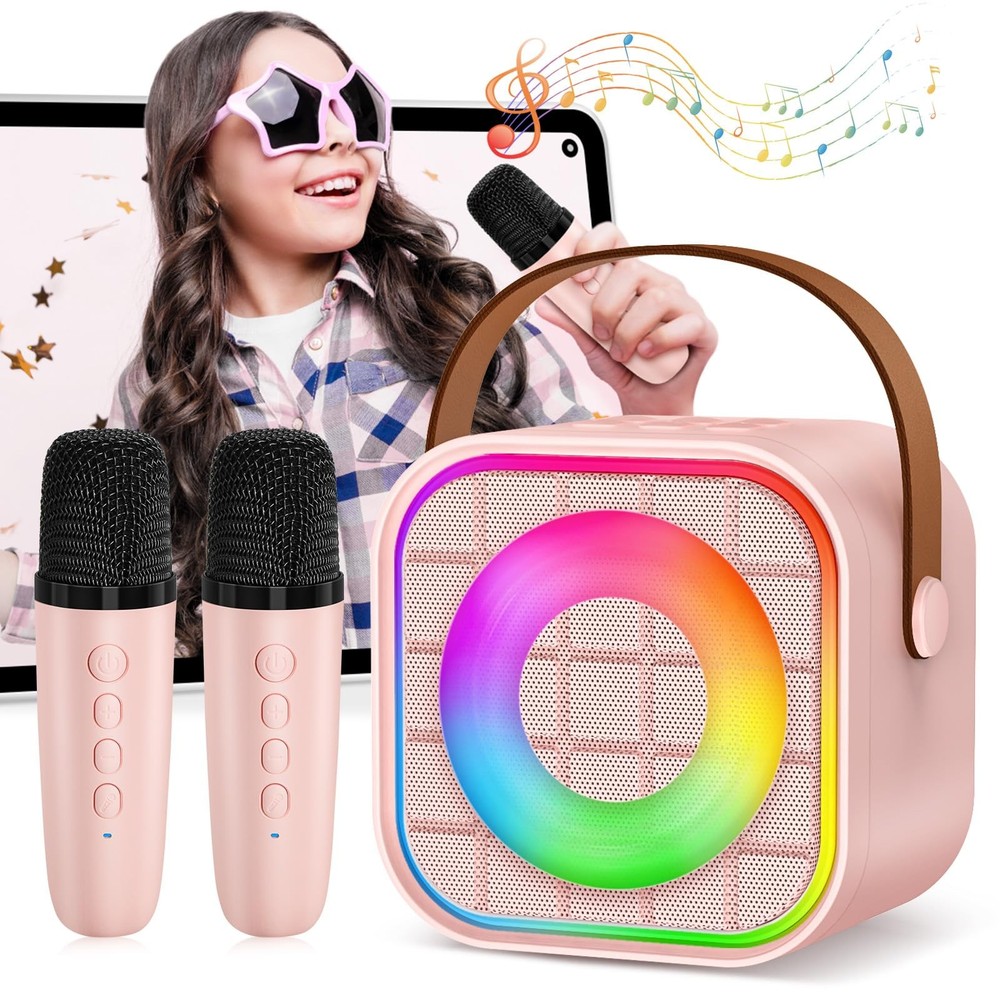 Mini Karaoke Machine with 2 Wireless Microphone, Portable Pink Bluetooth Spea...