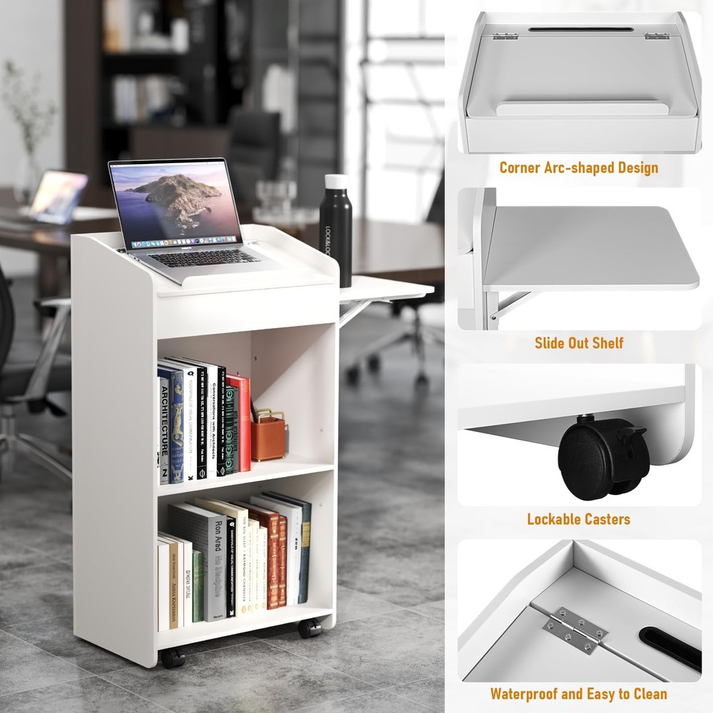 Podium Stand Floor-Standing Lectern with Side Table and Wheels Movable Hostes...