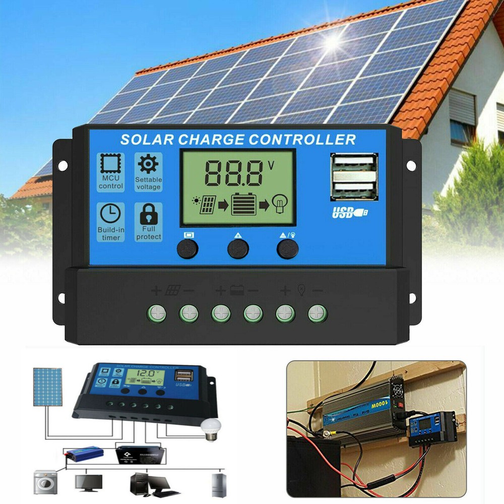 30A Solar Panel Battery Charge Controller 12V/24V LCD Regulator Auto Dual USB US