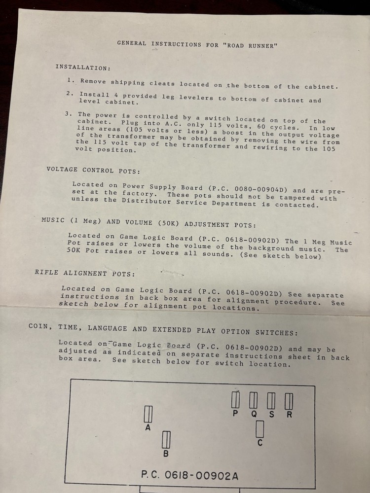 ORIGINAL-MIDWAY-ROAD RUNNER-SCHEMATICS-GENERAL INSTRUCTIONS