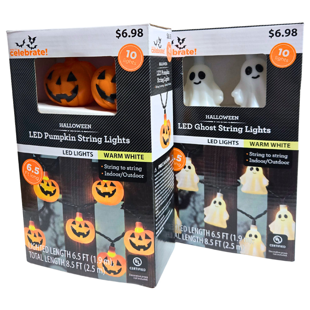 Halloween Jack O'Lantern Pumpkin and Ghost 10 Mini String Lights Lanterns NIB