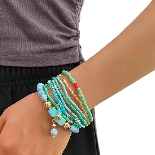 8PCS Beaded Bracelets for Women, Multilayered Stackable Strand Stretch Blue