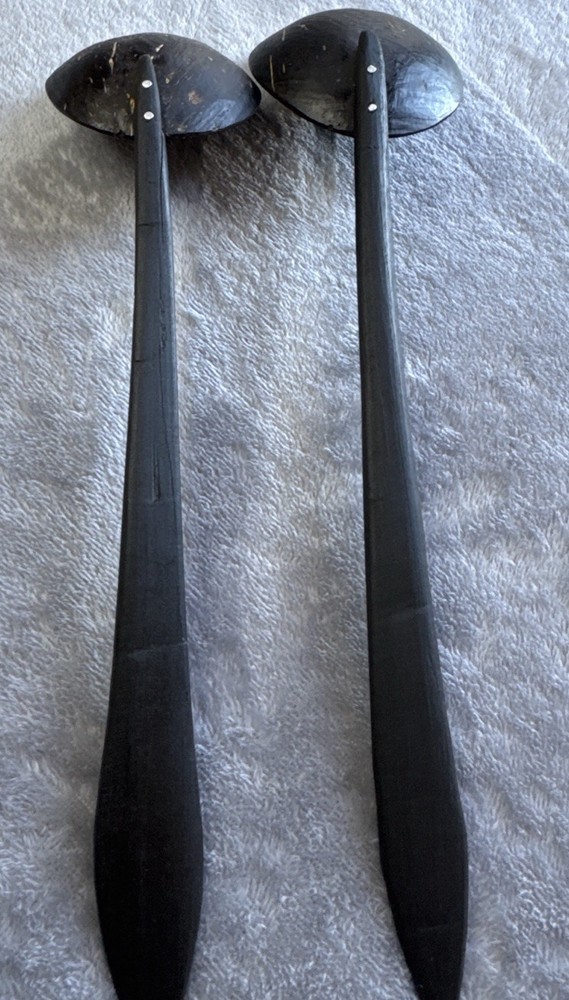 Hand Carved Coconut Shell Serving Spoons Set Wood Handle Boho 8”