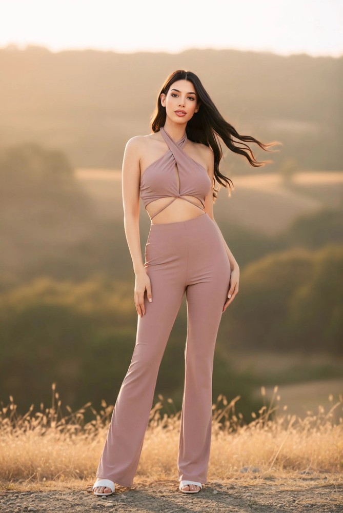 Solid Halter Top And Elastic Leggings Set
