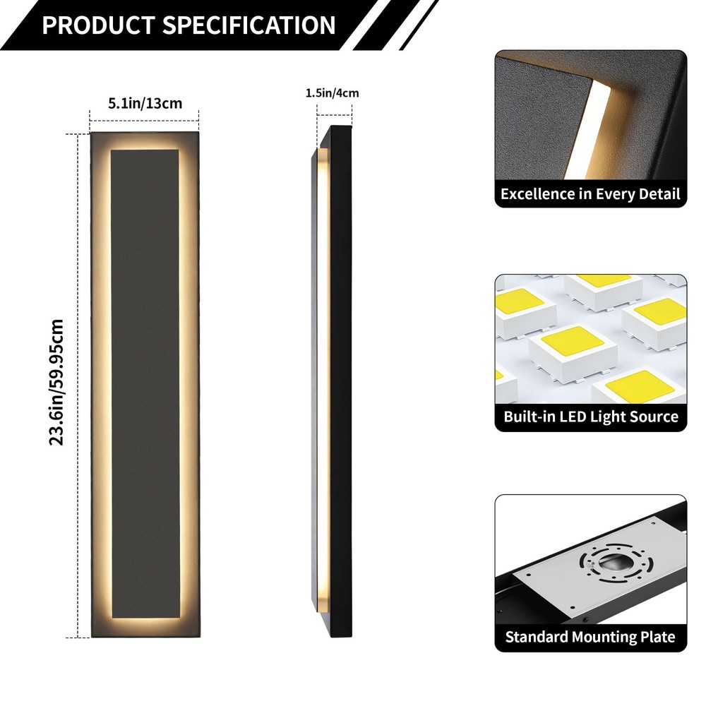 2-Pack 23.6 in. Black Wall Light