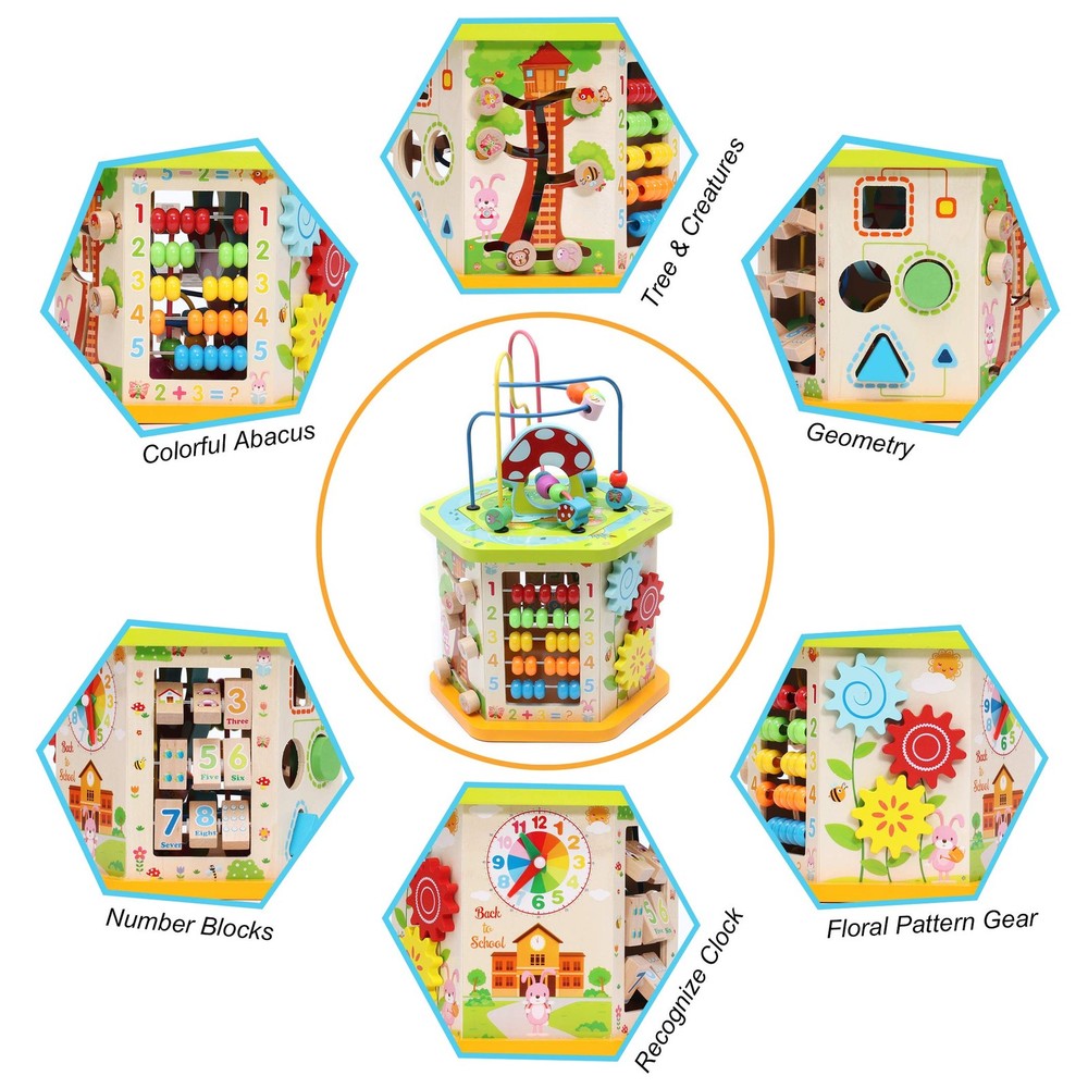9-in-1 Wooden Play Cube Activity Center Multifunctional Bead Maze Shape Sorte...