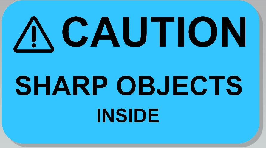 ⚠CAUTION SHARP OBJECTS INSIDE Warning Sticker Label BLUE 2.25" L x 1.25" H