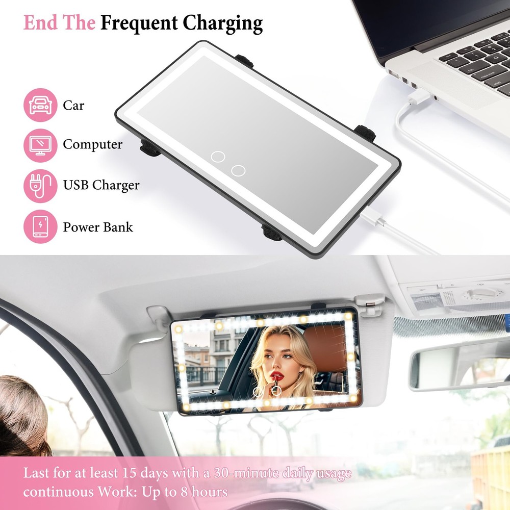 Rechargeable Car Sun Visor Mirror with 60 LEDs & Dimmable Touch Control
