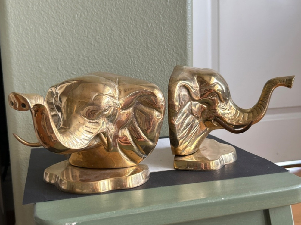 Bookends Vintage Solid Brass Elephant Trunks Up "Good Luck" MCM pair *