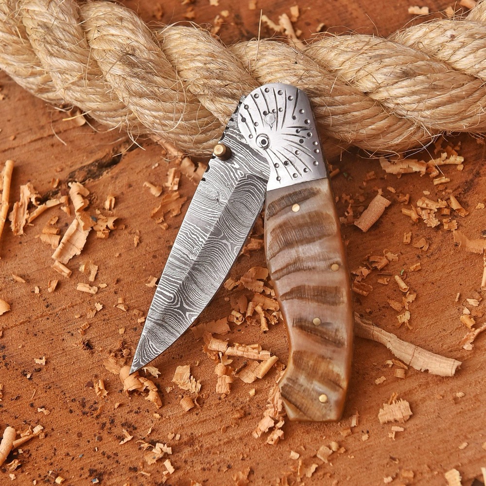 Custom Made Folding Blade Pocket Knife Ram Horn Handle