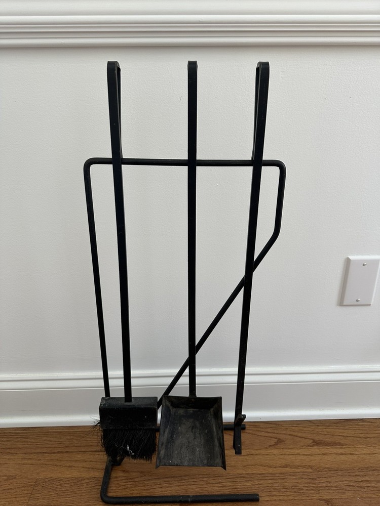 Vintage MCM Iron Modern Fireplace Tool Set Black