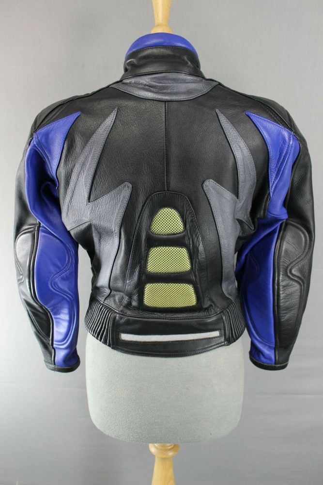 SUPERB J&S BLACK, BLUE & SILVER LEATHER BIKER JACKET SIZE 10