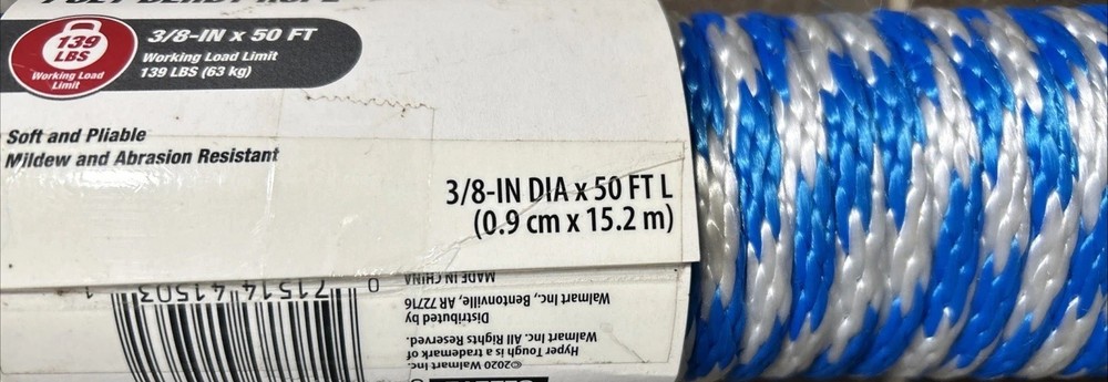 Polypropylene Solid Braid Rope, 3/8" x 50' 1 Roll New