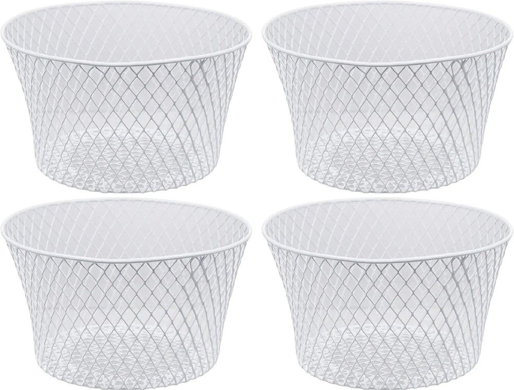 (4) White Small Metal Rectangular Oval & round Wire Baskets Handles