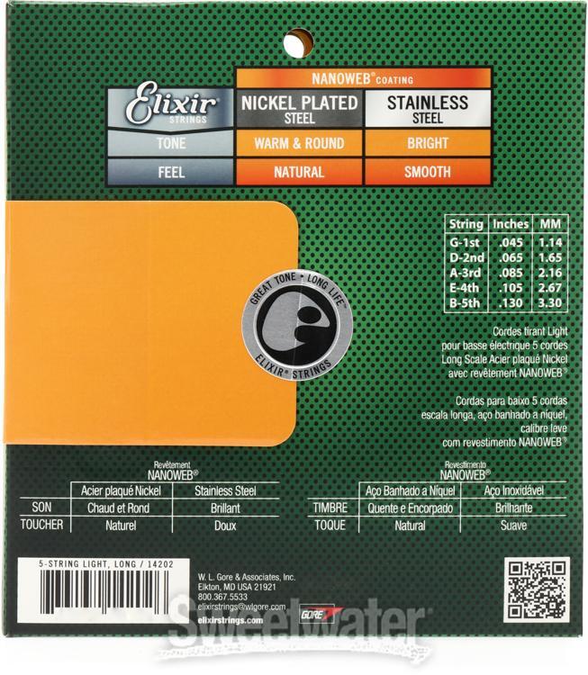 Elixir Strings 14202 Nanoweb Light Long Scale 5-String Electric Bass Strings