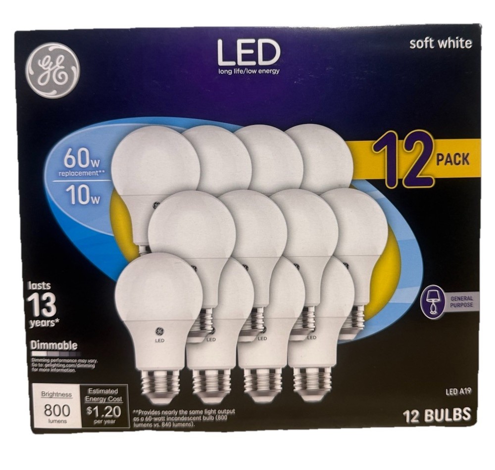 GE LED Soft White Dimmable A19 Light Bulbs (10 Watt, 60w Replacement), 12-Pack