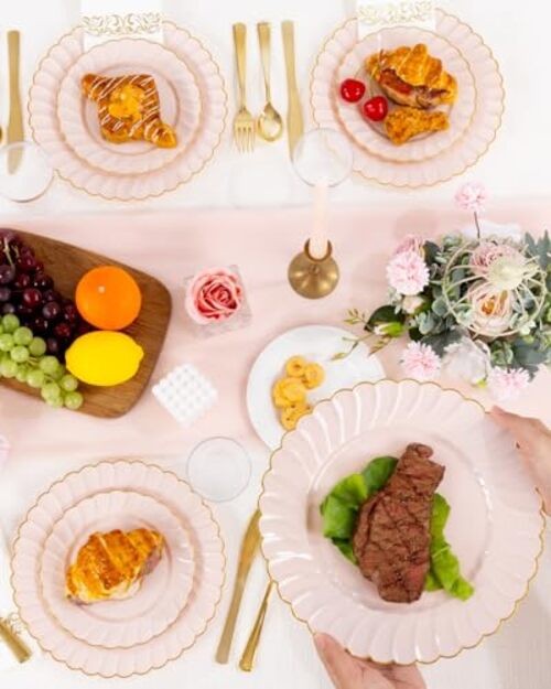 Scalloped Plastic Plates - Gold Disposable Dinnerware Set Include 175PCS Pink
