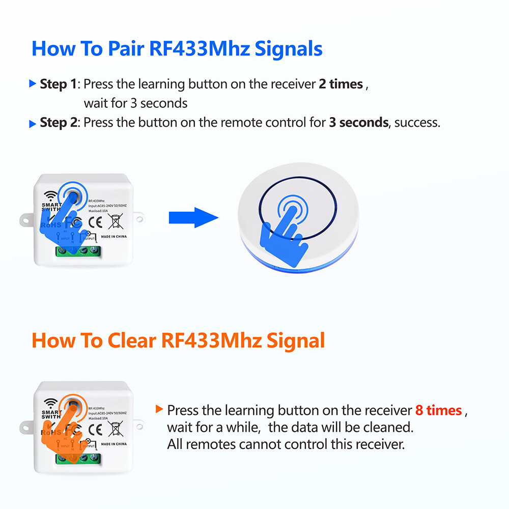 Wireless Smart Light Switch Relay Receiver 110V 220V Round Button Transmitter