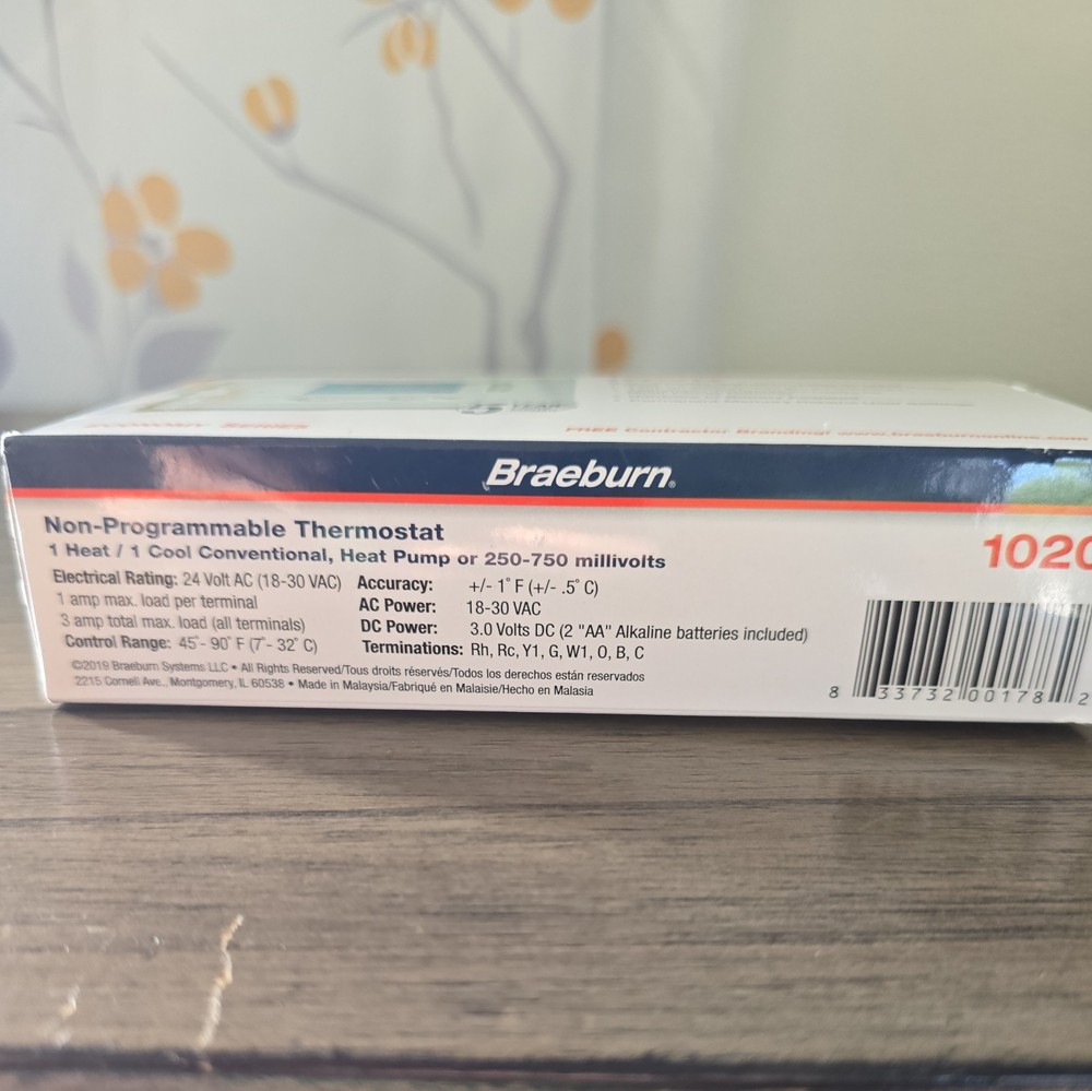 Braeburn 1020 Digital Single Stage Non-Programmable Thermostat New / Open Box
