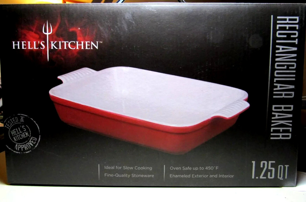 HELLS KITCHEN Red Enameled Stoneware 10 x 7 RECTANGULAR BAKER 1.25 qt RAMSAY