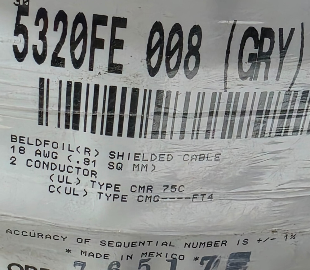 Belden Wire 5320FE 18/2C Solid Shielded Control/Audio Cable Riser CMR Gray /50ft