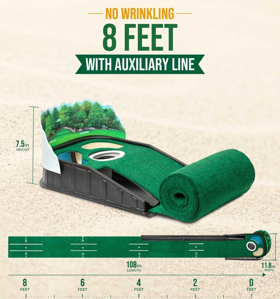 Indoor Golf Putting Green Mat 8ft Ball Return Alignment Wrinkle-Free