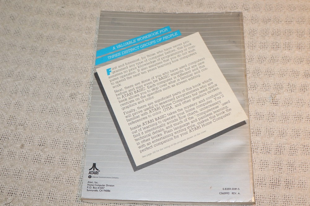 1983 Inside Atari Basic Book by Bill Carris