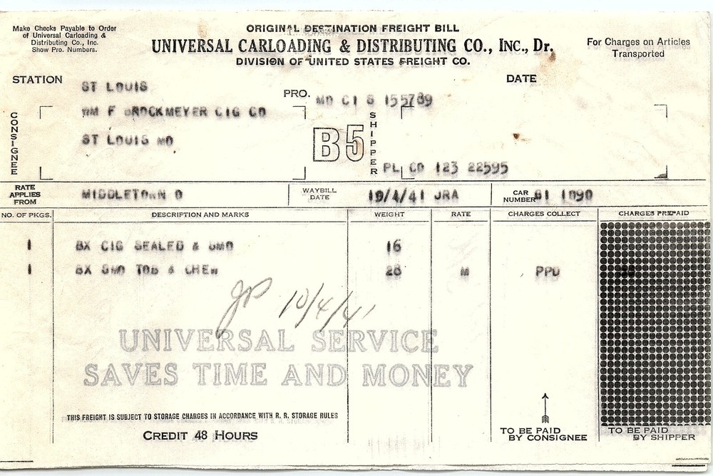 1941 UNIVERSAL CARLOADING & DISTRIBUTING CO FREIGHT INVOICE BILLHEAD Z6423